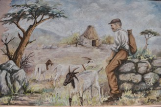 Mural of Sardinian shepherd, artist Pasqualino Baingiu, Orgosolo, Province of Nuoro, Sardinia,