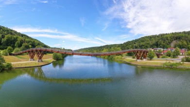 Aerial view, wooden span bridge, also called Tatzelwurm, 190 metres long, wooden bridge over