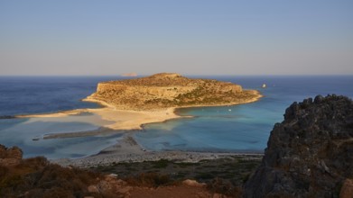 Morning light, lagoon, Tigani Island, Pontikos Island, cloudless blue sky, Gramvoussa Peninsula,