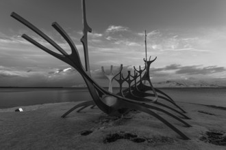 Viking ship sculpture, Sun Voyager, black and white photograph, Reykjavik, Reykjanes Peninsula,