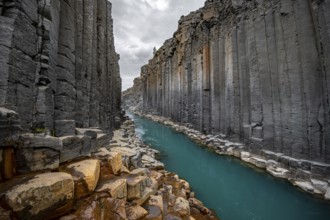 Stuðlagil Canyon, turquoise river between basalt columns, Egilsstadir, Iceland, Europe