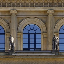 Opera House, detail with the statues of Goethe and Mozart, Hanover, Lower Saxony, Germany, Europe