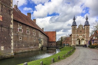 Left: moat in front of Raesfeld Castle, right: St. Sebastian's Chapel, Raesfeld moated castle, Hohe