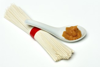 Noodles and light miso paste, paste, soy product, spoon, Japan, Asia