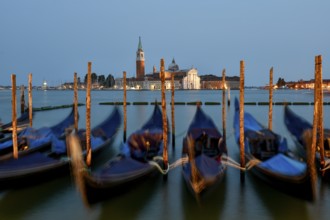 Venetian gondolas near St. Mark's Square in the evening light, blue hour, in the background the