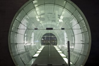 Illuminated, tubular entrance to the EnergieForum Berlin, Friedrichshain, Berlin, Germany, Europe