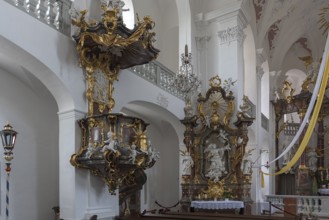 Rococo side pulpit and side altar in the pilgrimage church of Maria Limbach, built 1751-1755,