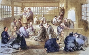 Art School, Men in a Painting School in Japan in 1869, Historic, digitally restored reproduction of