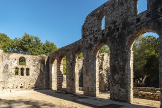 Arches in the Great Basilica in the archaeological ruins of Butrint or Butrinto National Park in