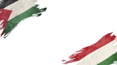 Flags of Palestine and Hungary on white background