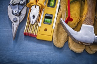 Top view of construction equipment on wood board