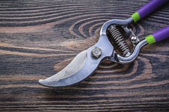 Sharp metal pruning shears on vintage wood board gardening concept
