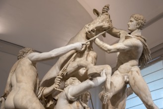 NAPLES, ITALY, MAY 06, 2022, Famous giant ancient Roman statue of the Farnese Bull in Naples,