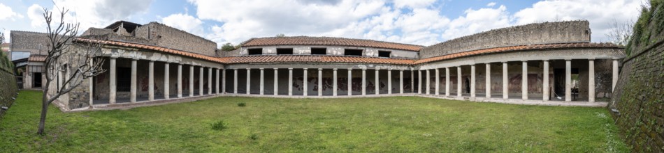 OPLONTIS, ITALY, MAY 03, 2022, Garden and colonnade of the ancient Roman Villa Oplontis near