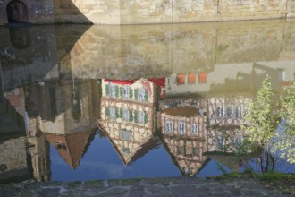 Reflection of half-timbered houses and St John's Church, Kocher Valley, Kocher, Schwäbisch Hall,