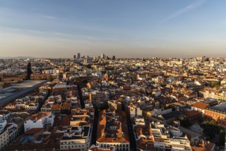 Madrid, Spain, August 24, 2020: Madrid city centre aerial panoramic view at sunset, Europe