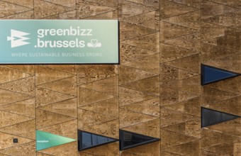 Belgium, 02 25 2019: Wooden brick wall with triangle pattern of the Greenbizz Brussels company,