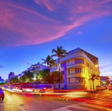 Miami Beach South Beach sunset in Ocean Drive Florida Art Deco and car lights