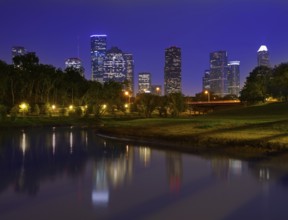 Houston sunset skyline from Memorial park at Texas US