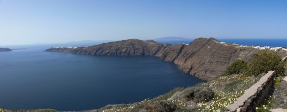 Landscape of the caldera, panoramic view, island of Santorini (Thira), Cyclades, Greek Islands,