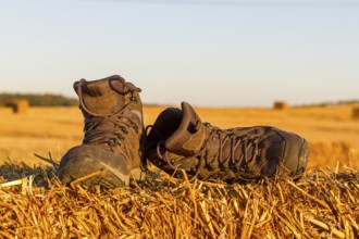 Hiking boots in the evening sun on a field