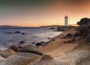 Long exposure view of the Punta Palau Lighthouse on the Emerald Coast of Sardinia at sunrise