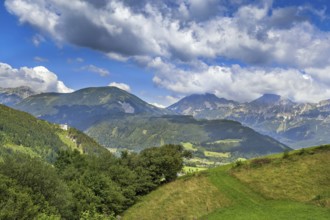 Landscape of Alps mountains with Rothelstein castle, Styria, Austria, Europe