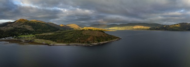 Evening mood at Loch Alsh with Tulach Ard hill, drone shot, Reraig, Kyle, Scotland, Great Britain