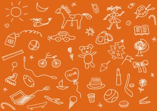A set of various child's drawings over white