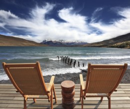 The comfortable place to enjoy the beauty of the lake and clouds in Patagonia. Two folding wooden