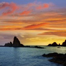 Almeria Cabo de Gata las Sirenas point sunset rocks in Mediterranean sea of Spain