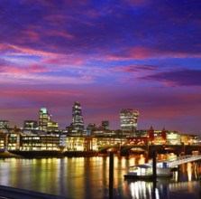 London skyline sunset on Thames river reflection at UK