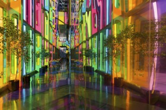Colourful window reflections in the convention centre, Montreal, Province of Quebec, Canada, North