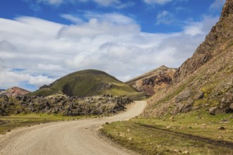 Dirt road in the National Park Lanmannalaugar. Summer trip to Iceland
