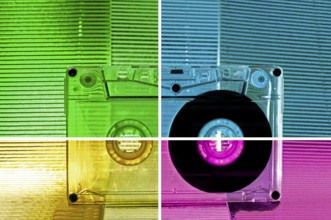 Transparent Cassette tape. Multicolored background