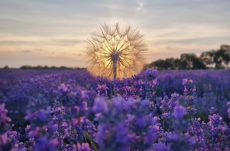 Closeup fluffy dandelion against vibrant sunset in the purple lavender field. Beautiful summer