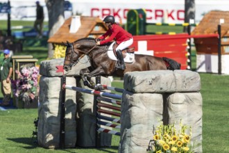 Calgary, Canada, Sept., 7, 2024. Jorne Sprehe of Germany, riding Toys competes in the BMO Nations