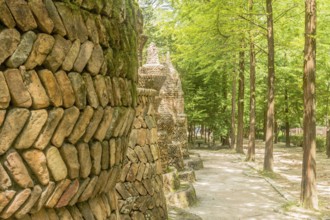 Daejeon, South Korea, August 16, 2020: Large intricately designed brick structures beside hiking