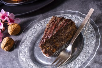 Juicy poppy seed cake with apples and chocolate icing