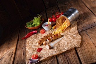 Rustic bratwurst with pommes and hot ketchup