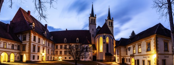 Abbey courtyard of Göß Abbey, blue hour, panoramic view, former monastery of the Benedictine nuns,