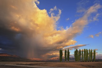 The beautiful huge cumulonimbus cloud is shined with the sunset. Rain streams are shone with orange