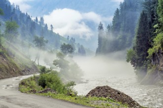 Road and Kishanganga river, Gurez valley, Kashmir, India, Asia