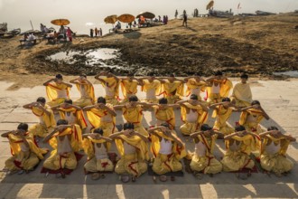 Students performing yoga varanasi uttar pradesh, india, asia
