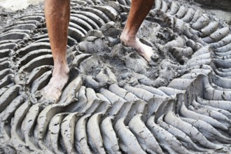 Potter legs crushing soil, jodhpur, rajasthan, india, asia