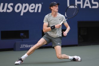 Tennis player Jannik Sinner of Italy in action at the US Open 2024 Championships, Billie Jean King