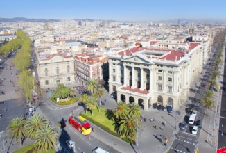Aerial Barcelona view with Ramblas and Paseo passeig de Colon