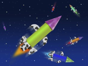 Colorful fantasy rocket flying into blue space planets and stars