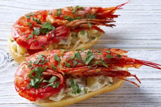 Shrimp pinchos with seafood Spain tapas recipe food pintxos