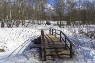 A bridge over a stream at the bottom of a small ravine. Teplostanovsky forest park, Moscow, Russia.